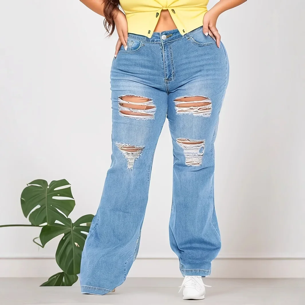 Plus Size Fashionable Ripped Denim Jeans Spring Summer Street Style Wide Leg Floor Length Casual Trendy Pants Cotton Material
