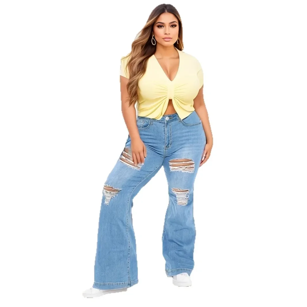 Plus Size Fashionable Ripped Denim Jeans Spring Summer Street Style Wide Leg Floor Length Casual Trendy Pants Cotton Material - Image 5