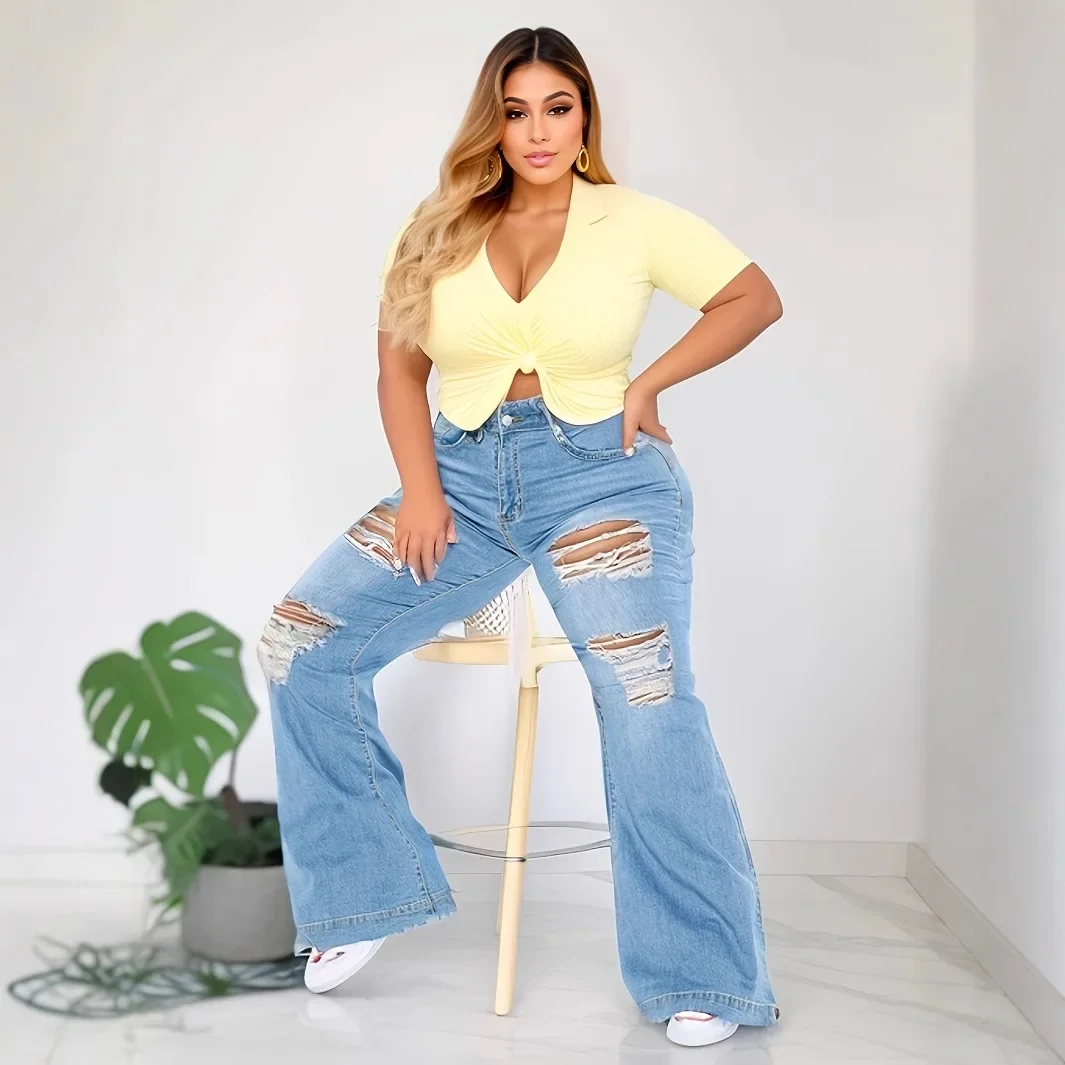 Plus Size Fashionable Ripped Denim Jeans Spring Summer Street Style Wide Leg Floor Length Casual Trendy Pants Cotton Material - Image 3