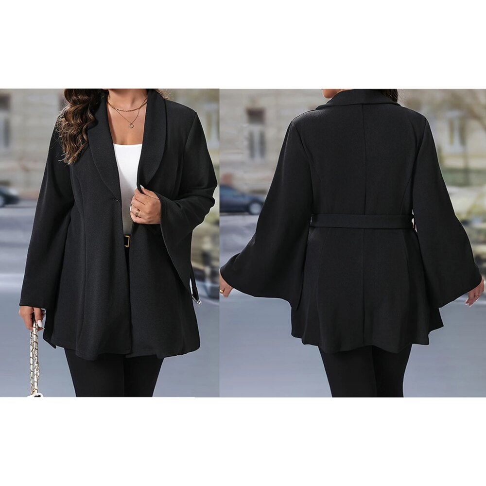 Women s Plus Size Blazer Elegant Solid Color Long Sleeve Lapel V-Neck One Button Coat Work Office Jacket with Flare Hem