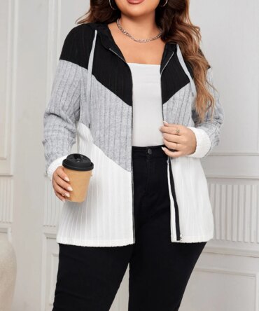 Womens Plus Size Cardigan Loose Contrast Zip Up Long Sleeve Hooded Ribbed Sweater Causal Knit Jacket