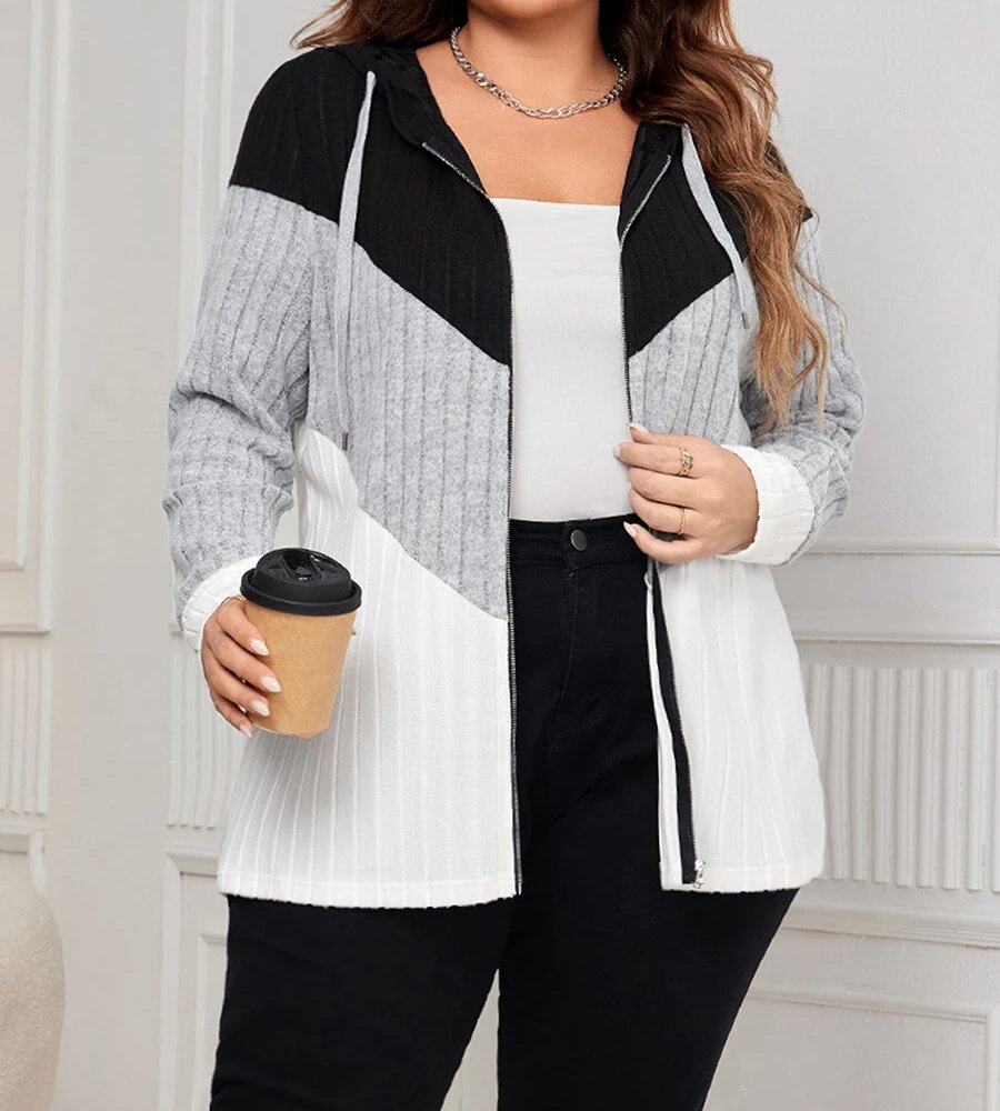Womens Plus Size Cardigan Loose Contrast Zip Up Long Sleeve Hooded Ribbed Sweater Causal Knit Jacket