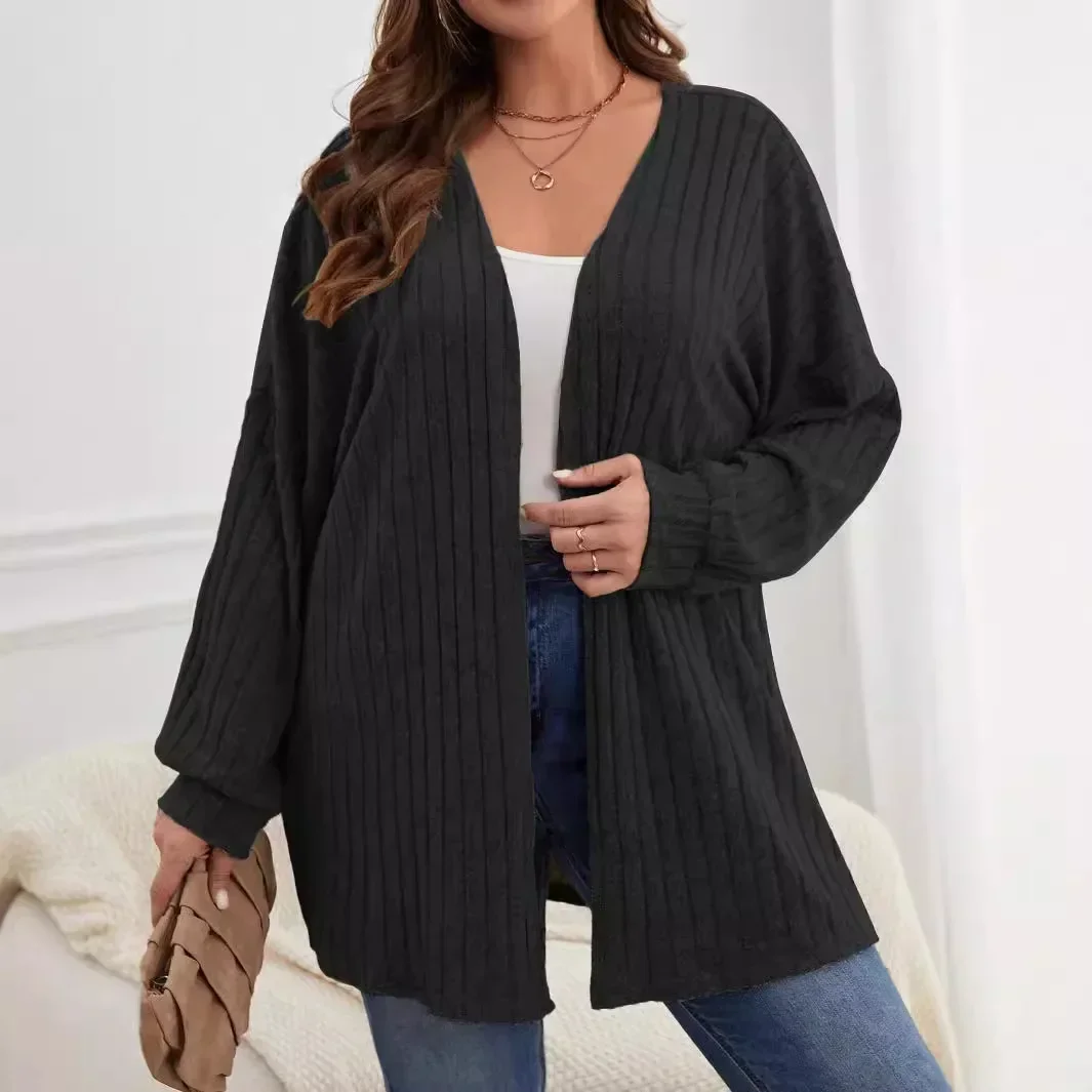 Autumn and Winter Plus Size Women's 1XL-5XL Solid Color Loose Cardigan Top Women's Long Sleeved Knitted Jacket - Image 2