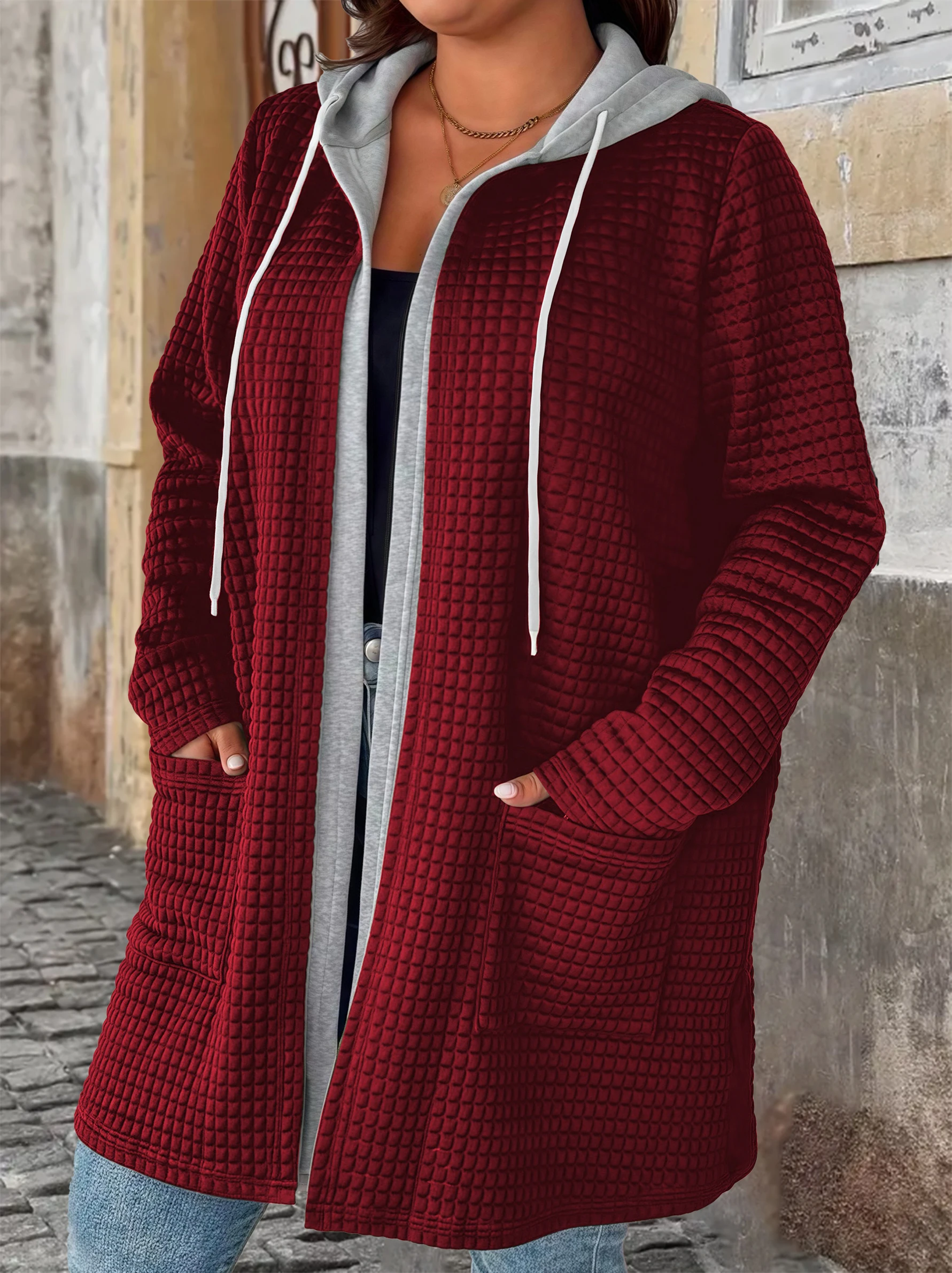 Plus Size Fake Two-Piece Hooded Cardigan with Pockets & Drawstring, Long Chic Fall/Winter Women's Coat - Image 3