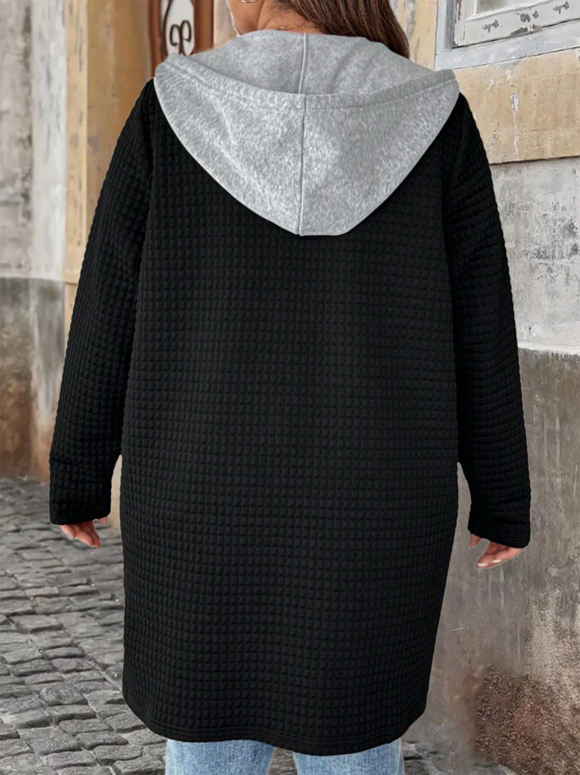 Plus Size Fake Two-Piece Hooded Cardigan with Pockets & Drawstring, Long Chic Fall/Winter Women's Coat - Image 2