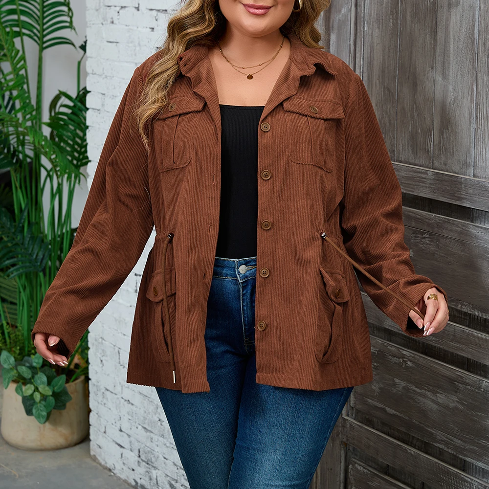 Plus Size Women's Solid Ribbed Corduroy Long Sleeve Turn Down Collar Coats Jackets Winter Casual Multi-Pockets Outwear Outcoat - Image 5