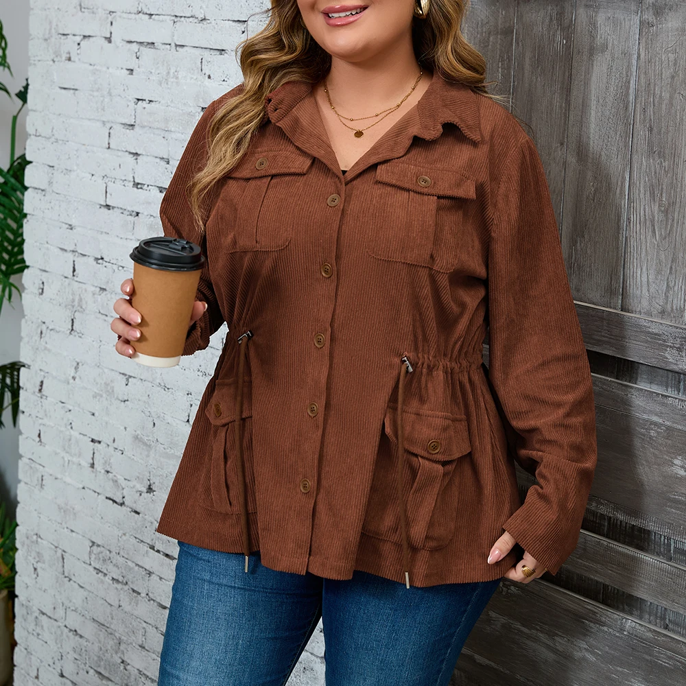 Plus Size Women's Solid Ribbed Corduroy Long Sleeve Turn Down Collar Coats Jackets Winter Casual Multi-Pockets Outwear Outcoat - Image 4