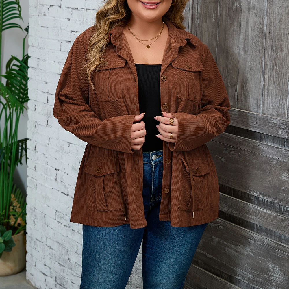 Plus Size Women's Solid Ribbed Corduroy Long Sleeve Turn Down Collar Coats Jackets Winter Casual Multi-Pockets Outwear Outcoat