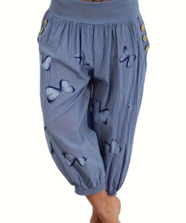 Women's Plus Size 1XL-5XL Casual Comfortable Capri Pants Fashion Butterfly Print Button Pocket Capri Pants