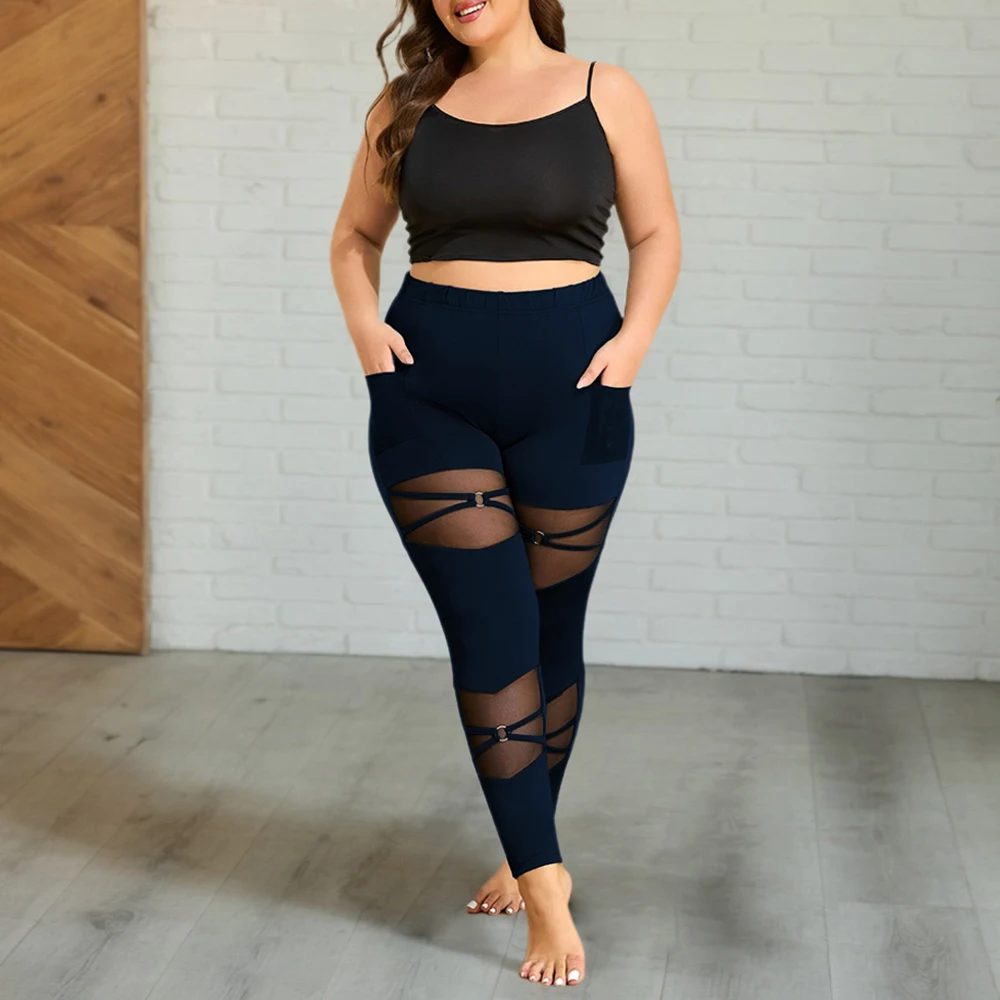 Plus Size Womens Solid Gauze Strecthy Pockets Full Length Leggings Ladies Elastic Waist Casual Capri Pants Trousers Size 1XL-5XL