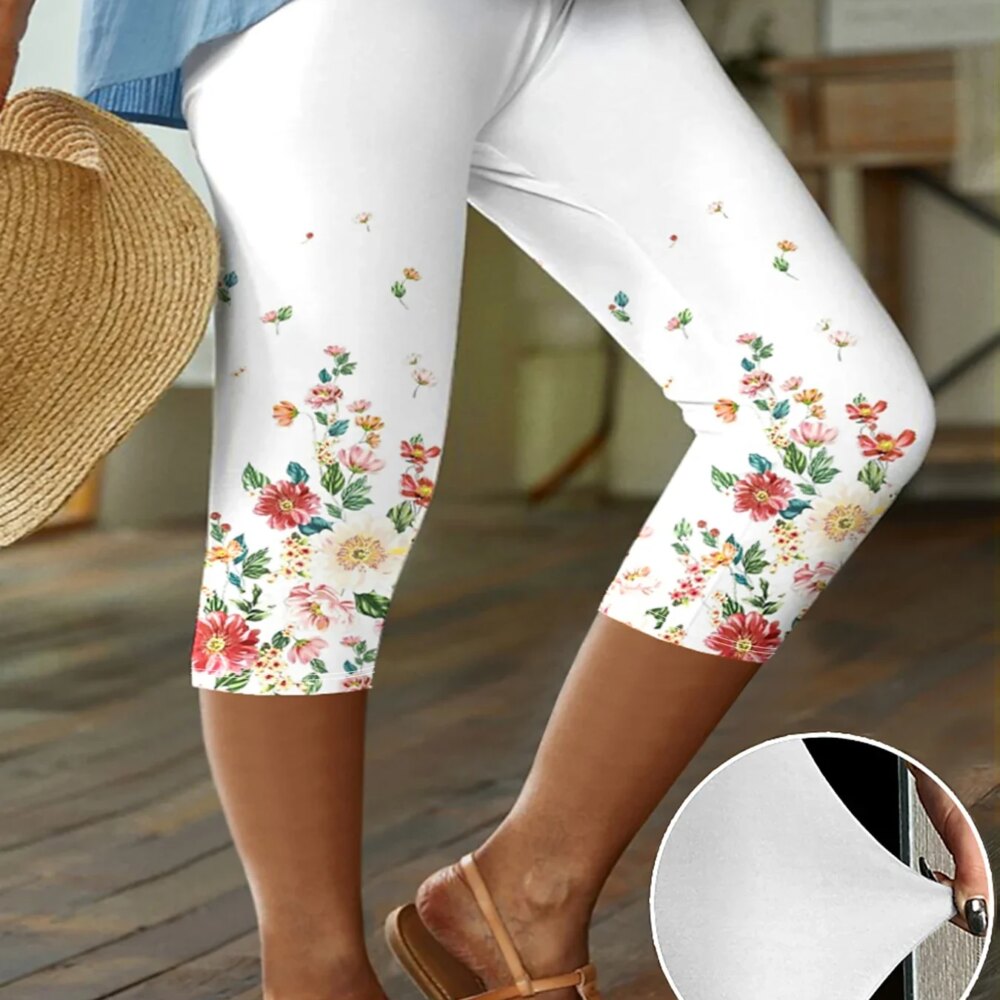 Plus Size Women's Capri Leggings Retro Floral Pattern Comfortable High-Stretch Mid-Length Knit Pants Fashionable and Casual