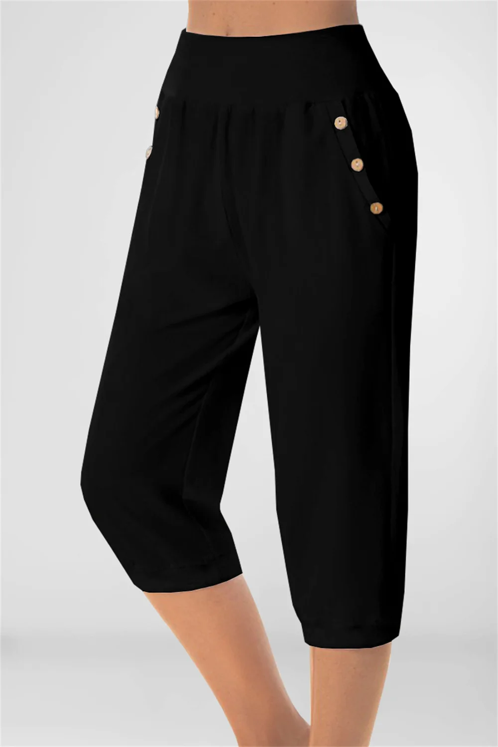 Flycurvy Plus Size Casual Black Pocket Decorative Button Capris Pants