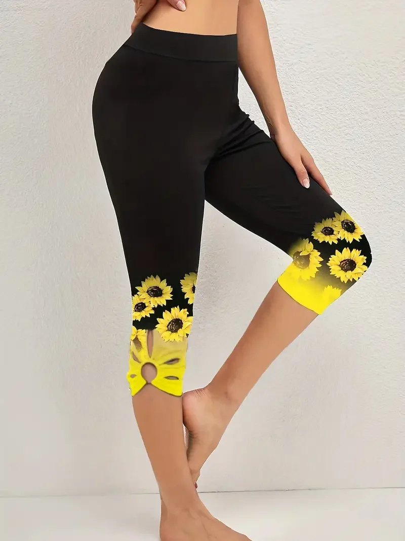 Plus Size 1XL-8XL Women’s Sunflower Print Leggings Fashionable Cut Out Comfortable Finess Capri Curvy Ladies Perfect Casual Wear - Image 2