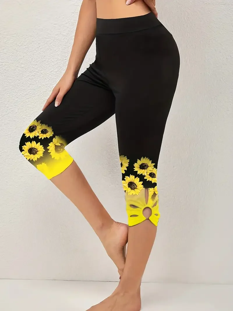 Plus Size 1XL-8XL Women’s Sunflower Print Leggings Fashionable Cut Out Comfortable Finess Capri Curvy Ladies Perfect Casual Wear - Image 3