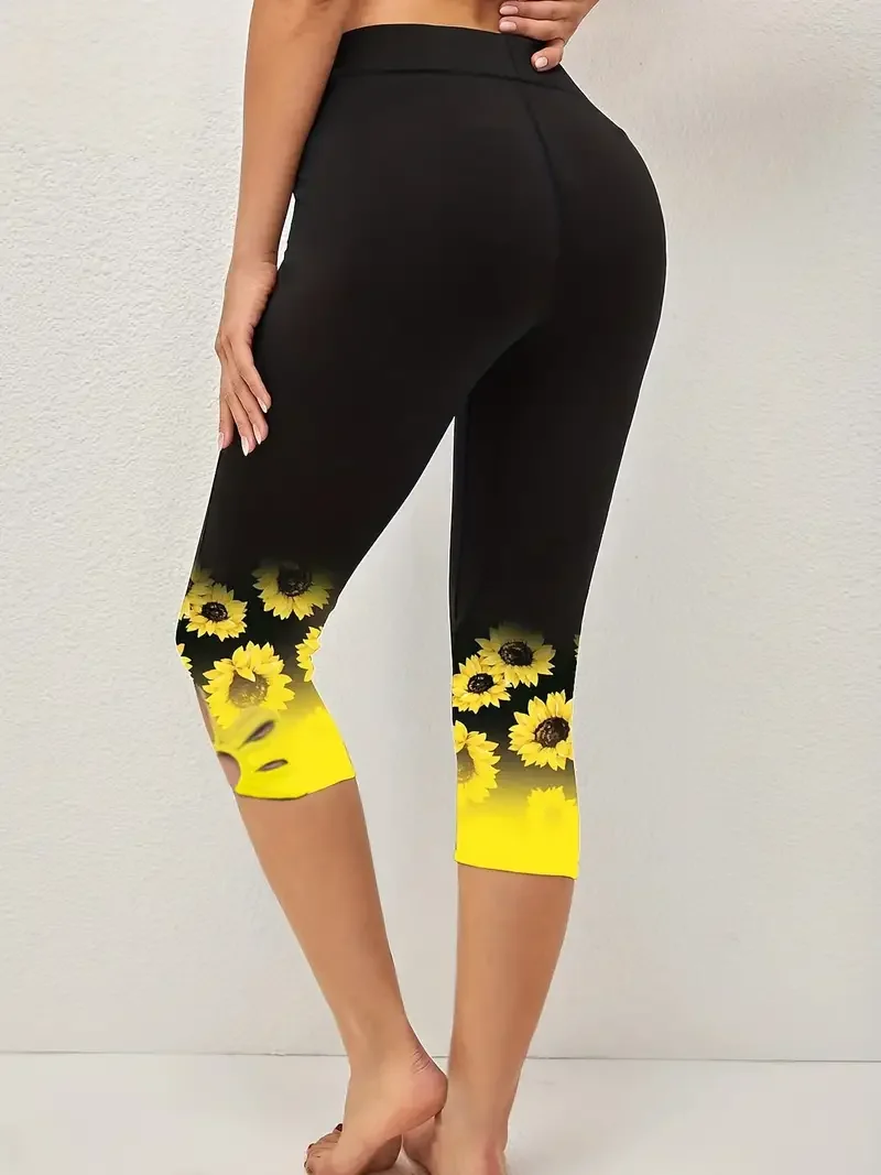 Plus Size 1XL-8XL Women’s Sunflower Print Leggings Fashionable Cut Out Comfortable Finess Capri Curvy Ladies Perfect Casual Wear - Image 4