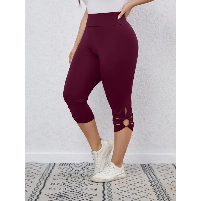 Plus Size Women's Hollow-out Solid Color Yoga Pants Casual High-waisted Skinny Pants Elegant Capri Pants