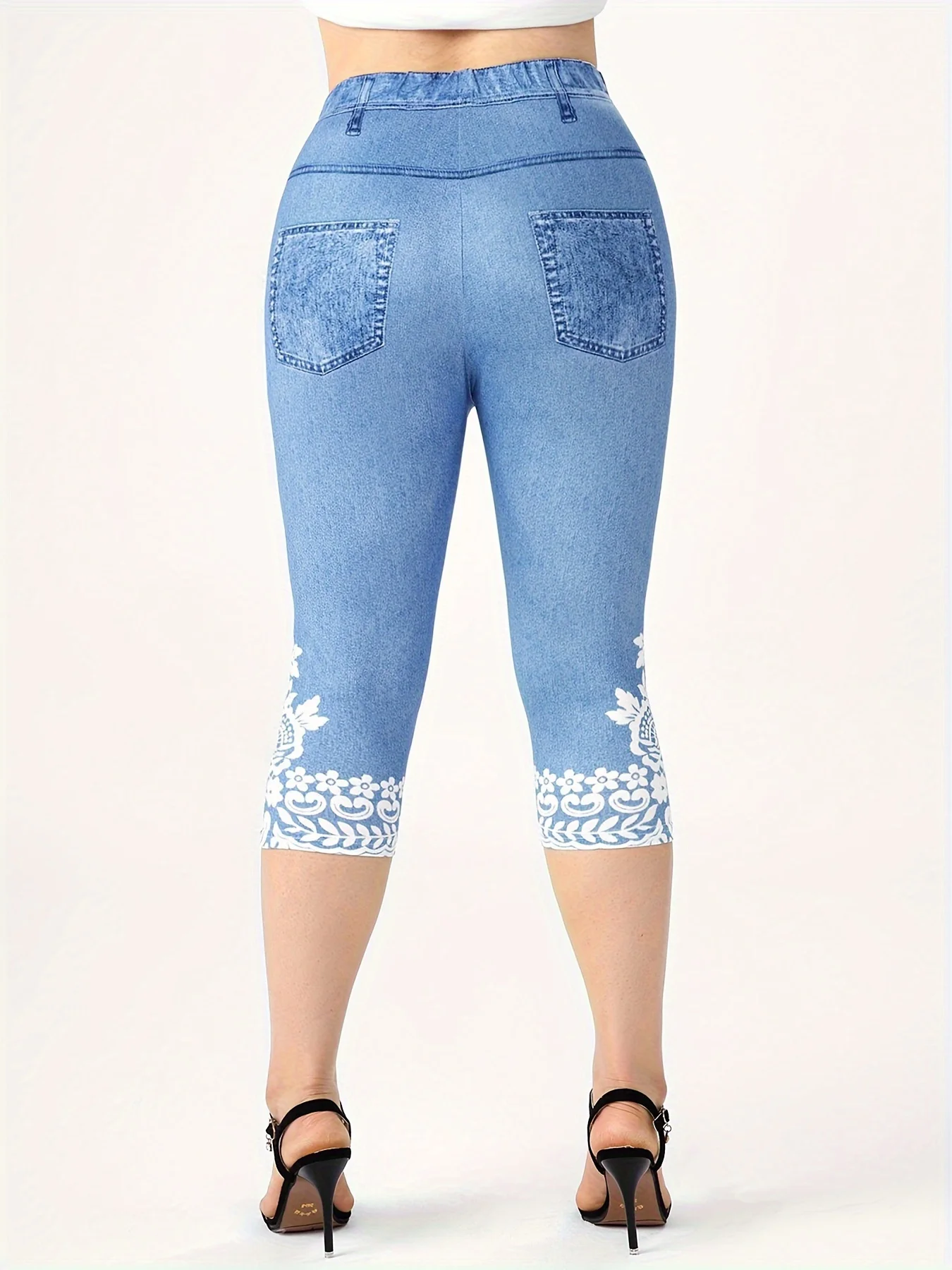 Plus Size Women's Imitation Denim Printed Tight Capri High Elasticity Knitted fashion Casual Leggings - Image 4