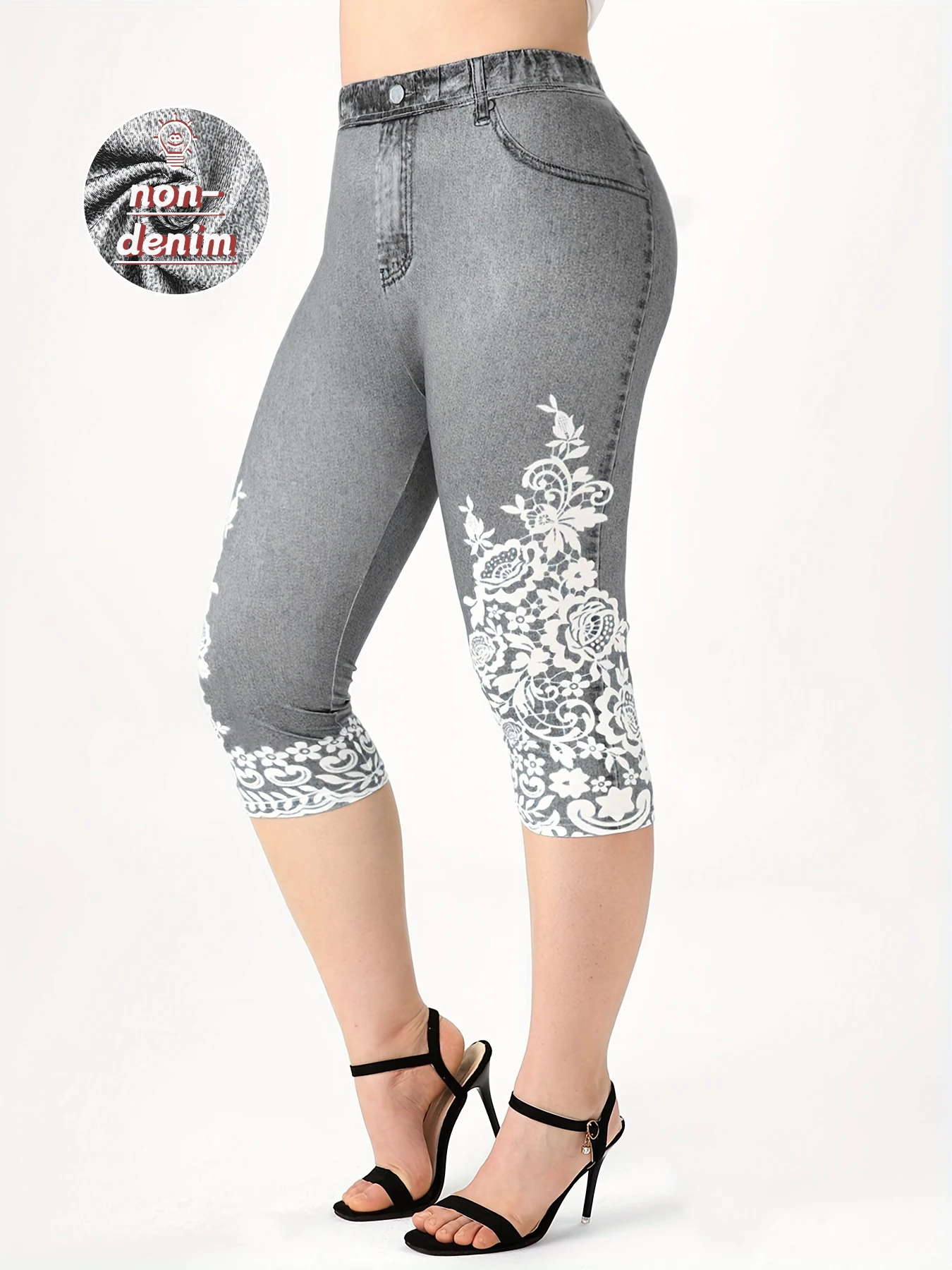 Plus Size Women's Imitation Denim Printed Tight Capri High Elasticity Knitted fashion Casual Leggings - Image 2