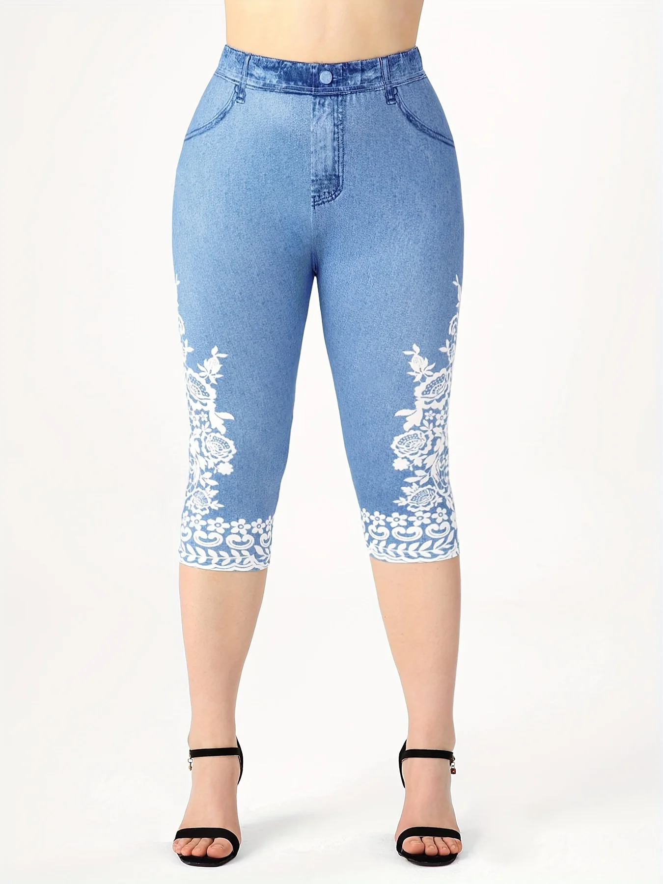 Plus Size Women's Imitation Denim Printed Tight Capri High Elasticity Knitted fashion Casual Leggings - Image 3