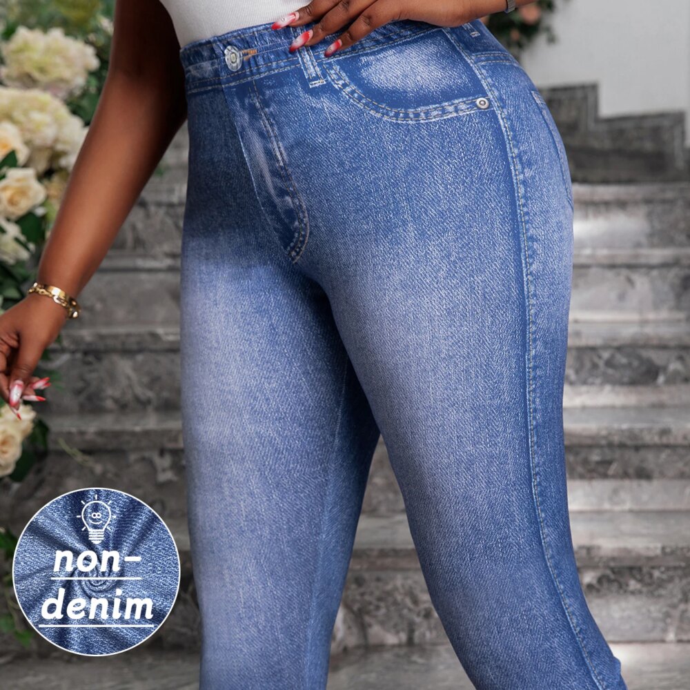 Plus Size Women's Denim Print Capri Leggings Stylish Casual Knit Stretchy Skinny Shorts with Side Button Detail Pattern Pants