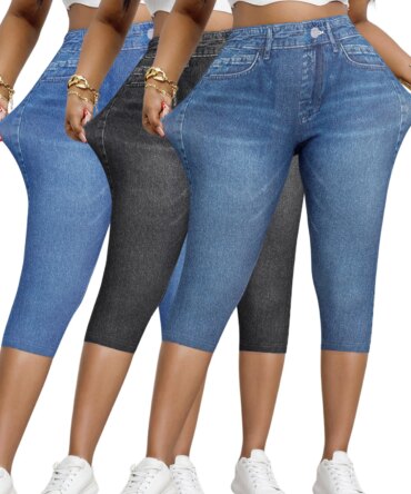 3PC Plus Size High Stretch Capri Pants Denim Print All-Over Knit Base Layer for Outdoor Sports