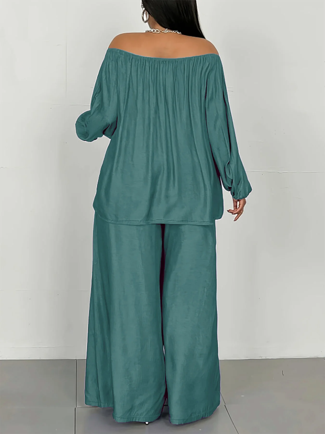 Plus - Size Lazy - chic Grey Set! Off - Shoulder Top + Wide - Leg Pants, Max Relaxed Vibe - Image 3