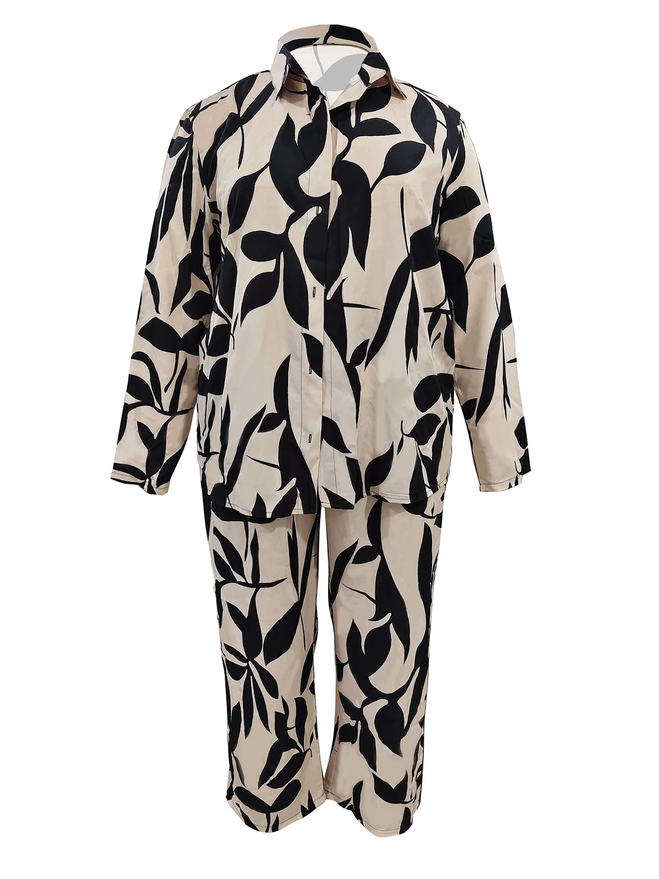 Plus - Size Leaf Print Set! Relaxed Blazer + Wide - Leg Pants, Super Chic for Daily Outings - Image 2