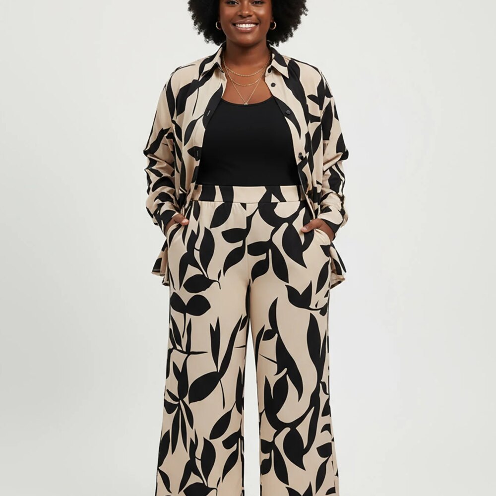 Plus - Size Leaf Print Set! Relaxed Blazer + Wide - Leg Pants, Super Chic for Daily Outings