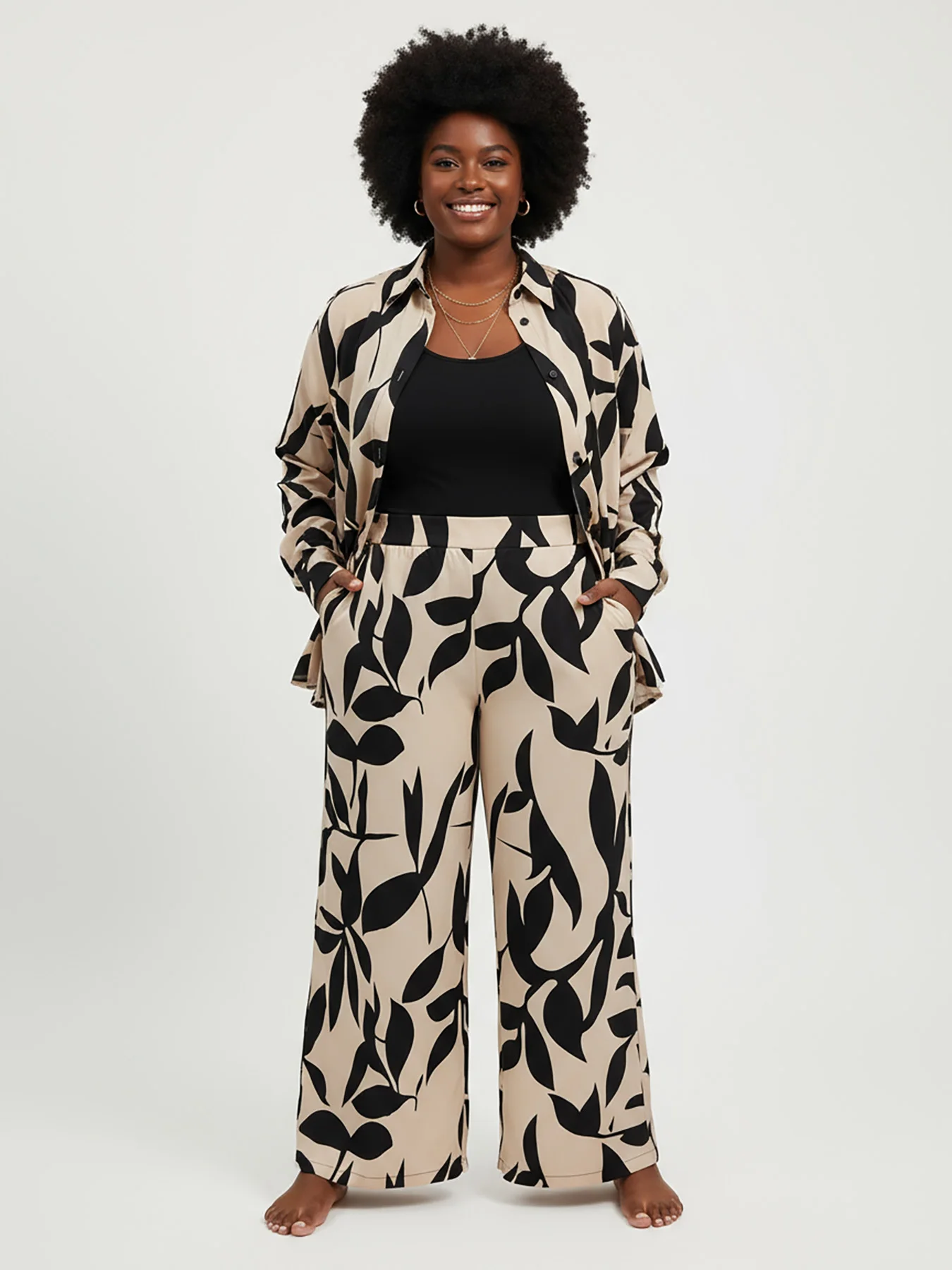 Plus - Size Leaf Print Set! Relaxed Blazer + Wide - Leg Pants, Super Chic for Daily Outings