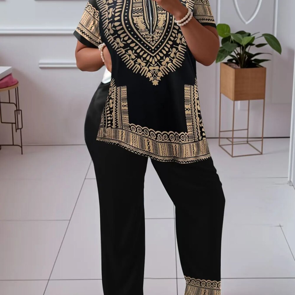 Plus - Size Dope Ethnic - Style Set! Black & Gold Print, Slays & Comfy