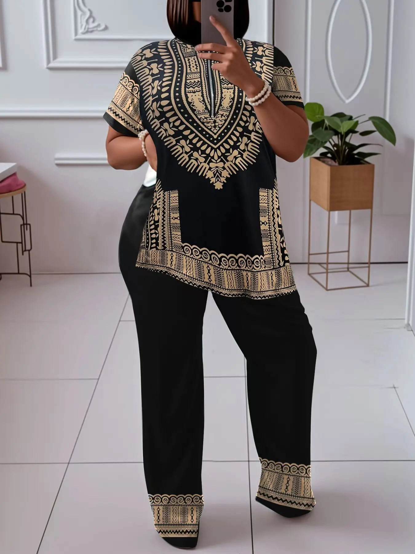 Plus - Size Dope Ethnic - Style Set! Black & Gold Print, Slays & Comfy