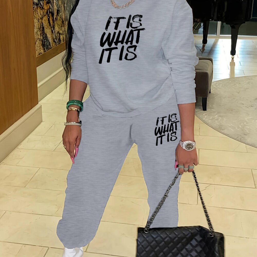 Plus Size Casual Sports Hoodie Two-Piece Set Loose Long Sleeve T Shirt Letter Pants for Women