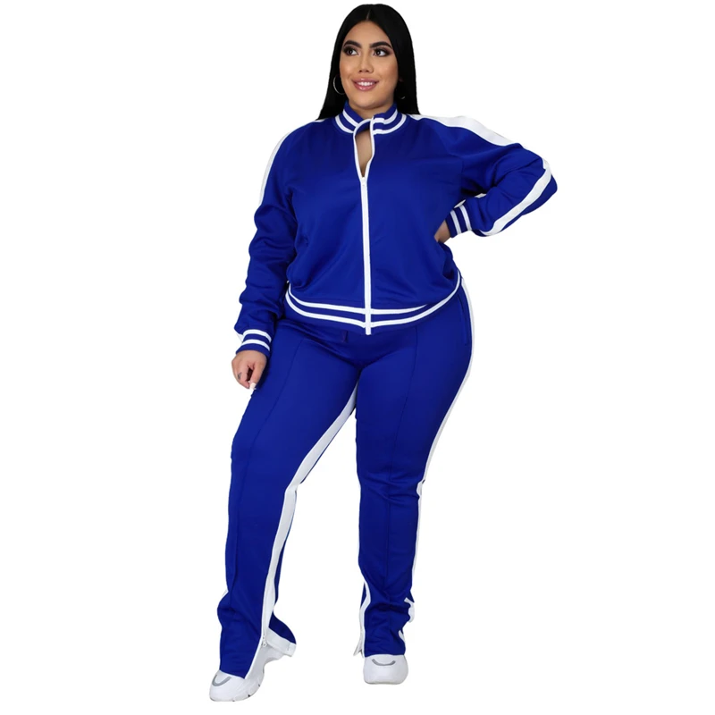 Plus Size L-5XL Two Piece Set Women Sweatsuit Zip Striped Top Slit Sweatpants Jogger Outfit Matching Set Wholesale Dropshipping - Image 6