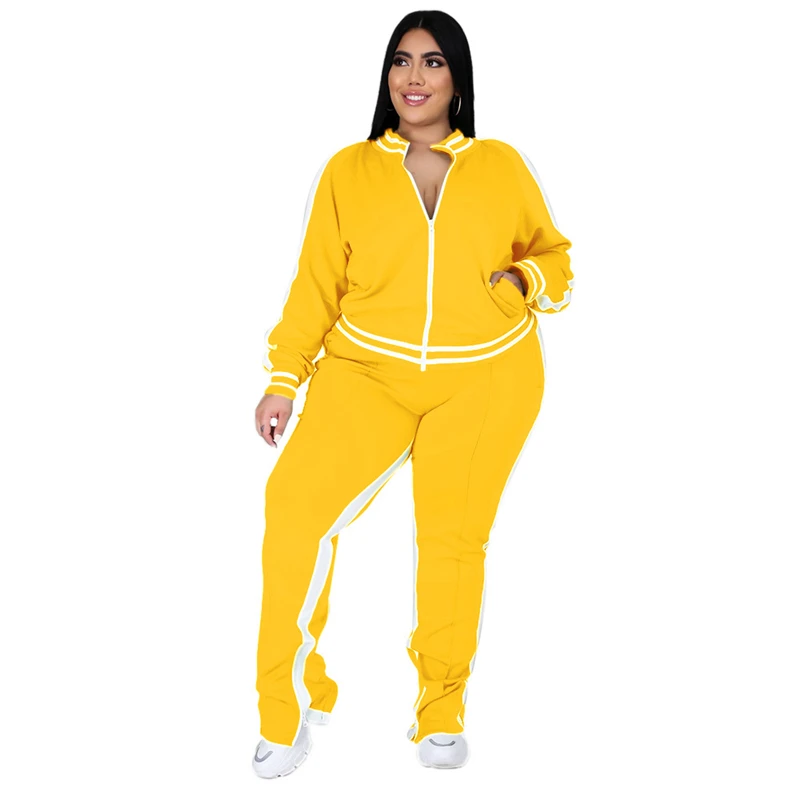 Plus Size L-5XL Two Piece Set Women Sweatsuit Zip Striped Top Slit Sweatpants Jogger Outfit Matching Set Wholesale Dropshipping - Image 4