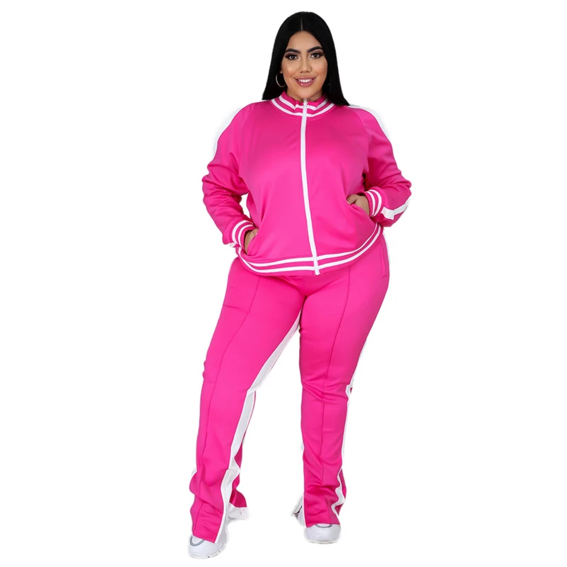 Plus Size L-5XL Two Piece Set Women Sweatsuit Zip Striped Top Slit Sweatpants Jogger Outfit Matching Set Wholesale Dropshipping - Image 5