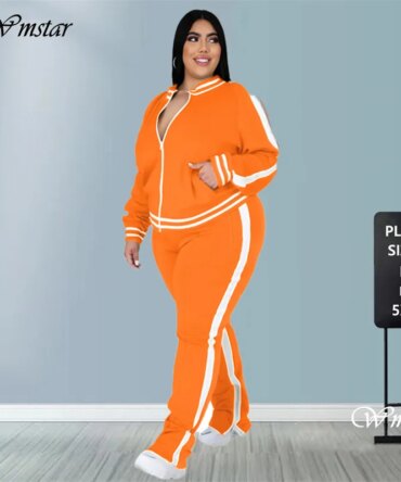 Plus Size L-5XL Two Piece Set Women Sweatsuit Zip Striped Top Slit Sweatpants Jogger Outfit Matching Set Wholesale Dropshipping