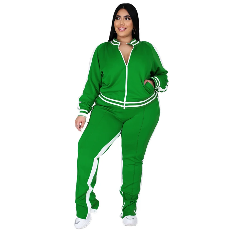 Plus Size L-5XL Two Piece Set Women Sweatsuit Zip Striped Top Slit Sweatpants Jogger Outfit Matching Set Wholesale Dropshipping - Image 3