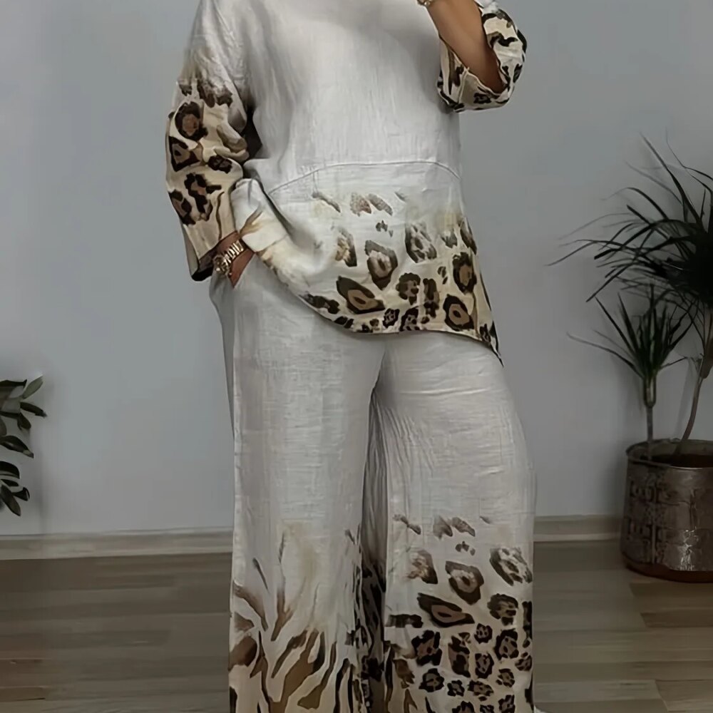 Women's Plus Size Two Piece Set Vacation Casual Leopard Round Neck Short Sleeve Pocket Two Piece Pant Sets Vintage Matching Set