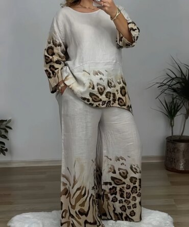 Women's Plus Size Two Piece Set Vacation Casual Leopard Round Neck Short Sleeve Pocket Two Piece Pant Sets Vintage Matching Set