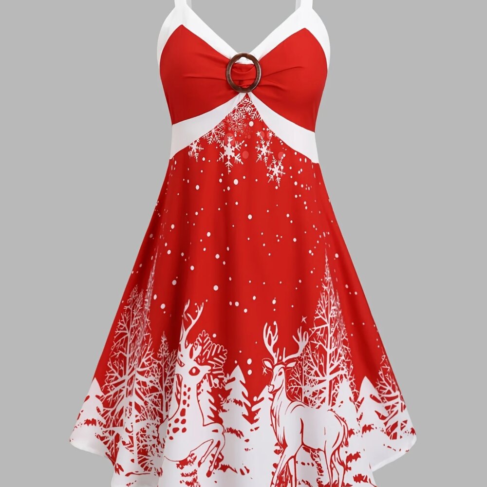 Christmas special plus size women's Christmas dress skirt casual A-shaped party dress Christmas printing holiday dress