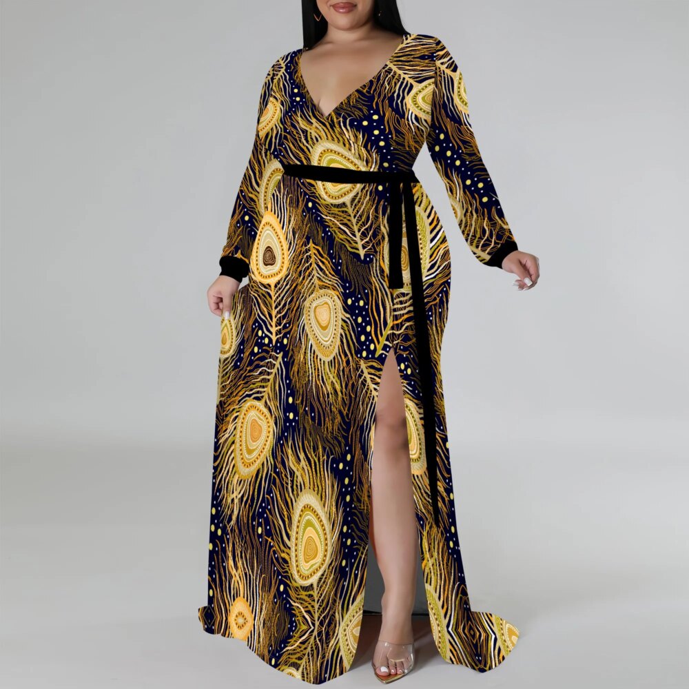 Plus Size Long Sleeve Peacock Feather Print Wrap Maxi Dress for Women, Elegant Party Dress with Side Slit for Special
