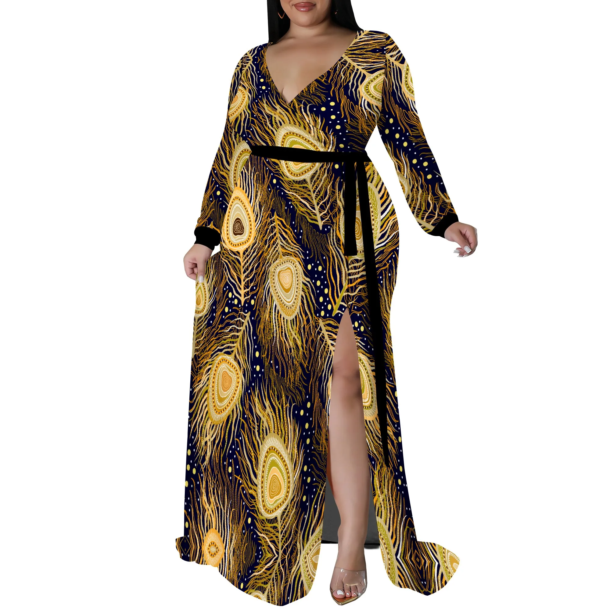 Plus Size Long Sleeve Peacock Feather Print Wrap Maxi Dress for Women, Elegant Party Dress with Side Slit for Special - Image 2