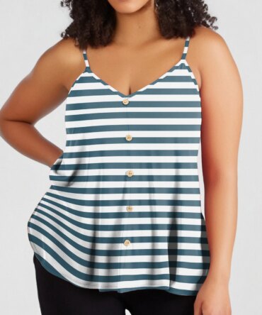 Plus Size Ladies summer loose camisole casual striped printed camisole vest adjustable shoulder straps button sleeveless top