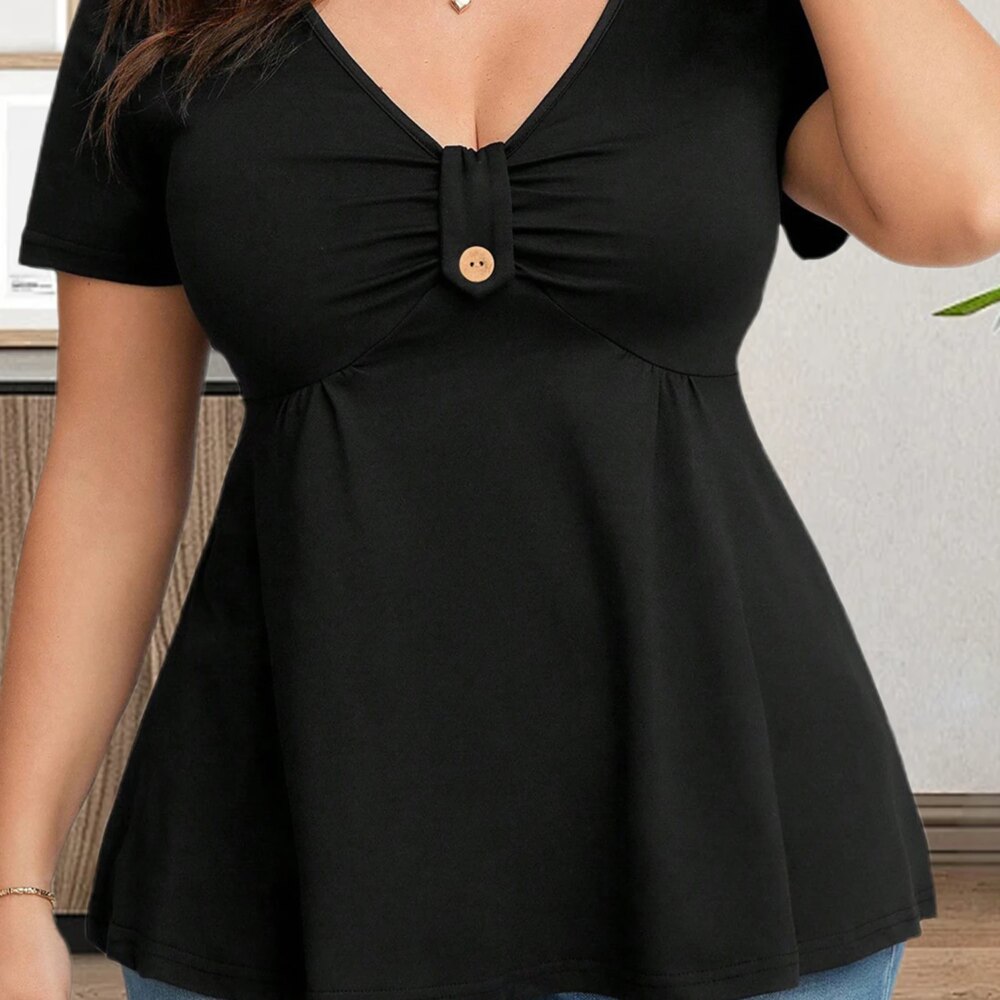 Women Plus Size Babydoll Tops Floral Print Ruched Button V Neck Short Sleeve Ruffle Shirts Casual Summer Streetwear Fashion