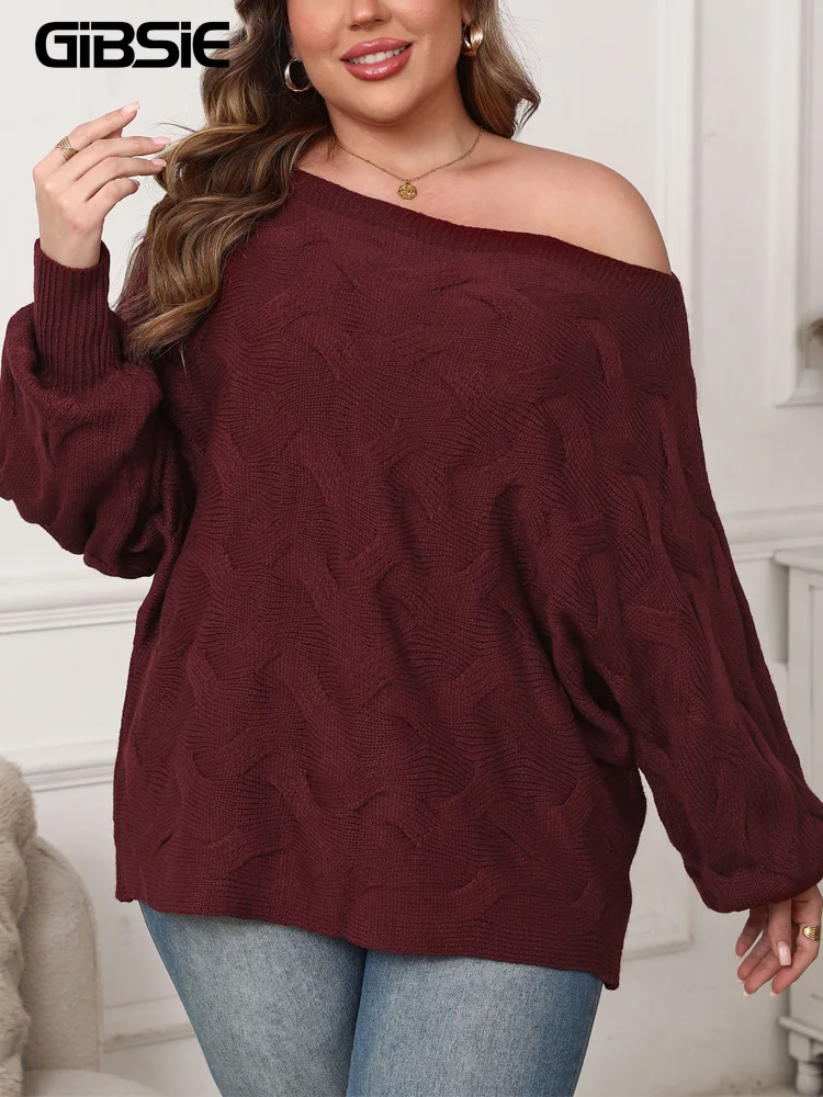 GIBSIE Plus Size Elegant Skew Collar Loose Pullover Sweater Women 2025 Autumn Winter Batwing Sleeve Casual Knitted Jumper Tops