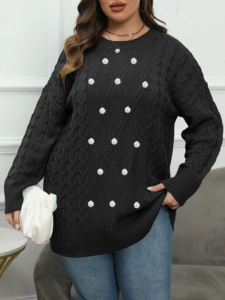 GIBSIE Plus Size Solid Crew Neck Knitted Beaded Sweater Women 2025 Autumn and Winter Casual Bottoming Warm Pullover Jumper - Image 3