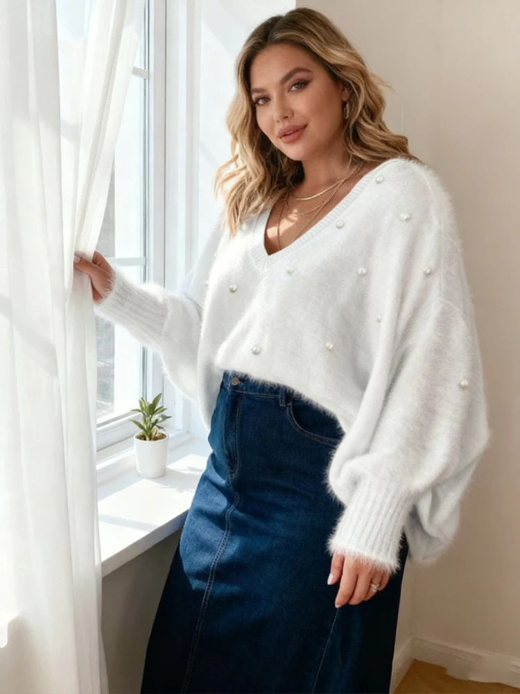 New Plus Size Autumn Winter Women Clothing Solid V-Neck Beaded Sweater All Match Elegant Pearl Pullover Top Kpop Loose Hot Seler - Image 6