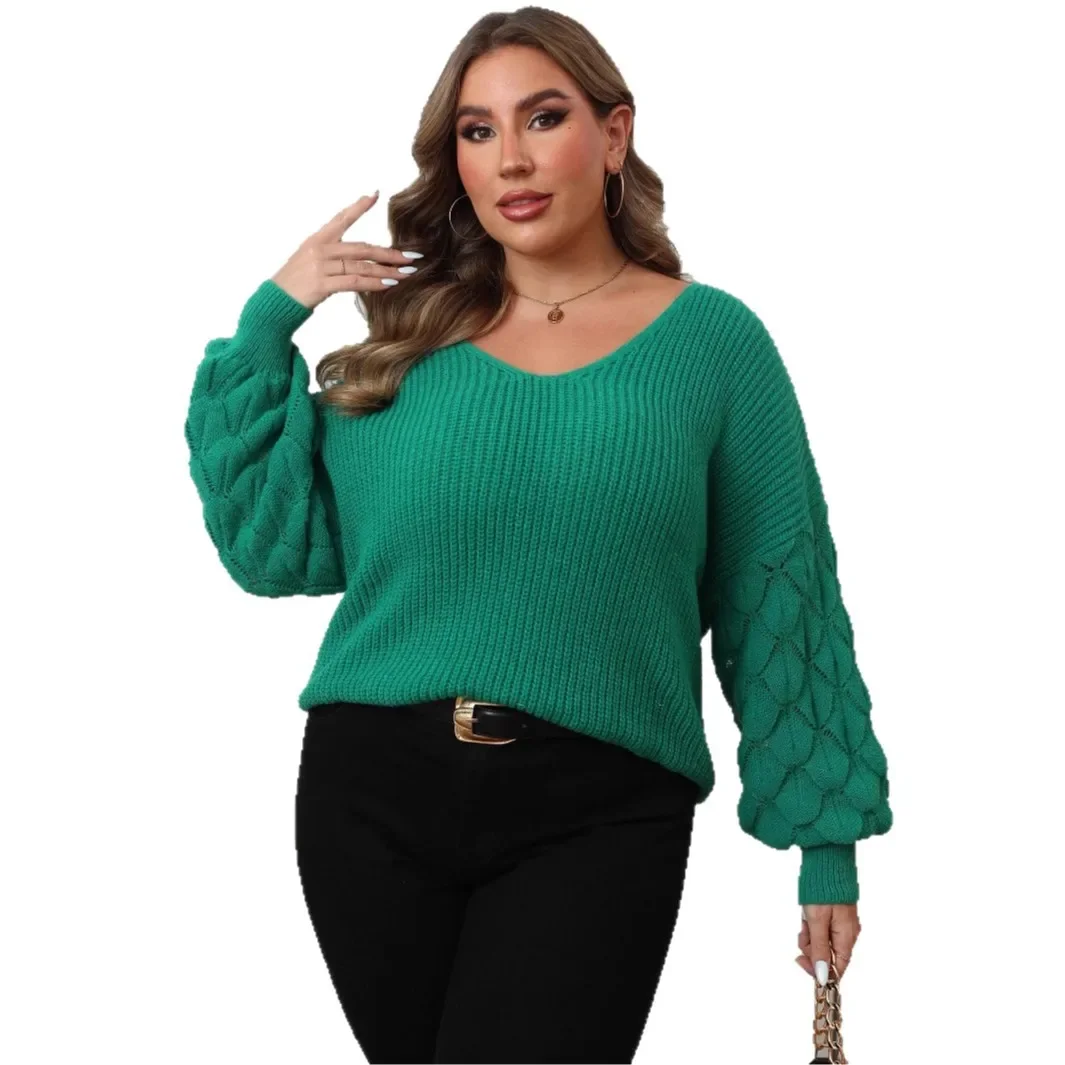 Plus Size Women's Sweater Deep V Neck Pineapple Sleeve Splice Casual Overhead Shirt Machine Woven Base Shirt Comfortable Top - Image 5