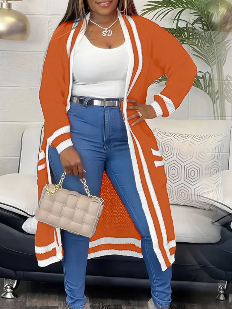 Plus Size Spring and Autumn Leisure Color Blocking Stripe Mid-length Cardigan Suitable for Autumn and Winter Home Daily