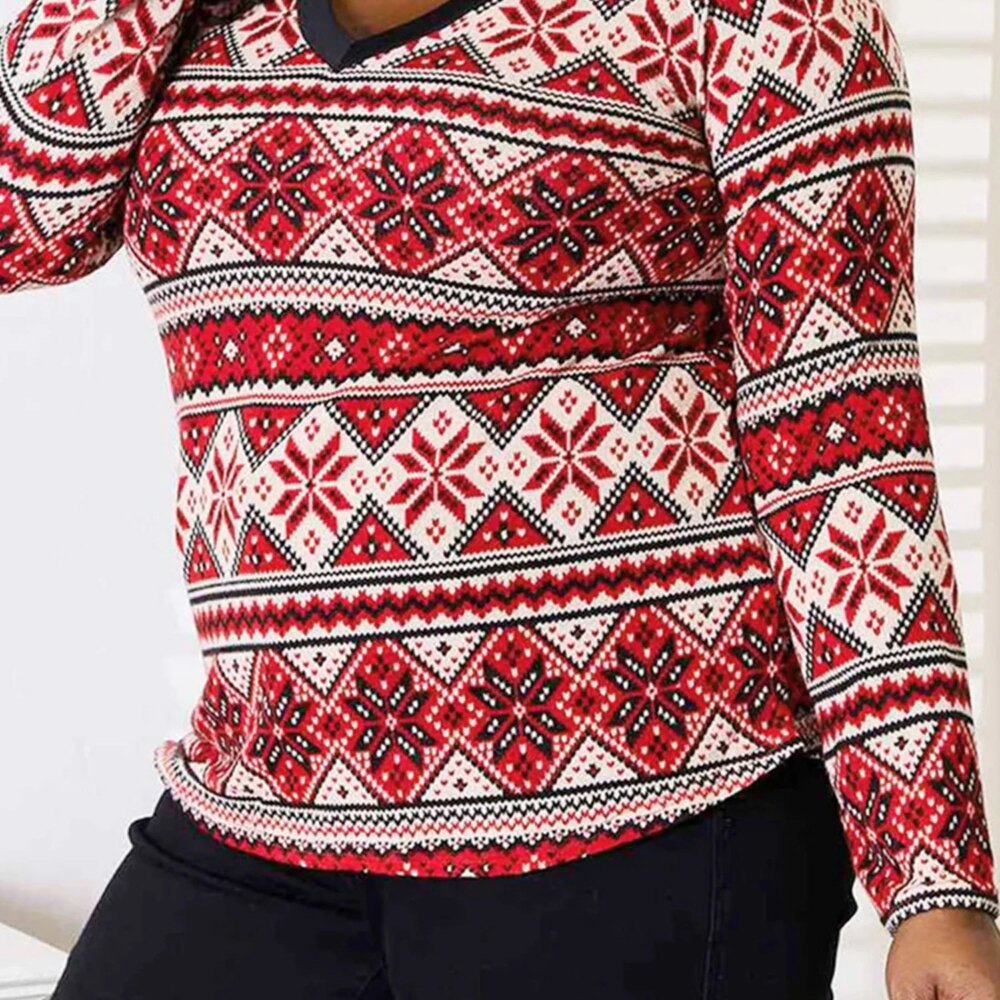 Women s Christmas Reindeer Print Long Sleeve V Neck Tunic Tops Plus Size Fit Xmas Holiday T-shirts Festive Wear